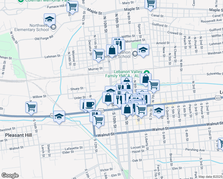 map of restaurants, bars, coffee shops, grocery stores, and more near 132 North 10th Street in Lebanon