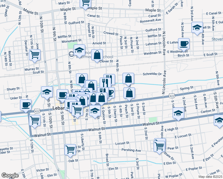 map of restaurants, bars, coffee shops, grocery stores, and more near 429 Willow Street in Lebanon