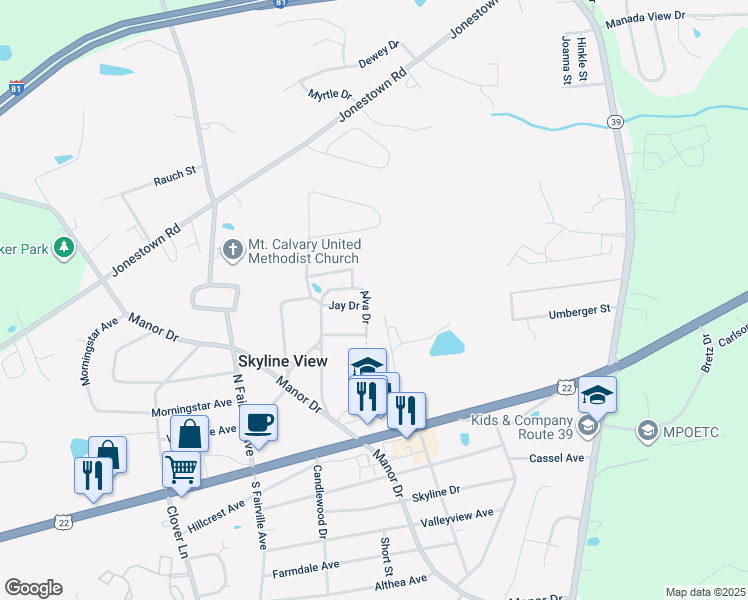 map of restaurants, bars, coffee shops, grocery stores, and more near 157 Alva Drive in Harrisburg