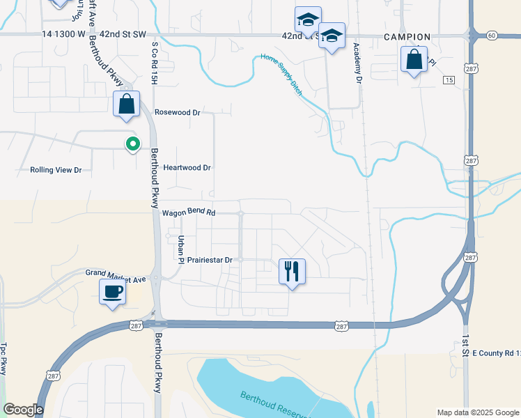 map of restaurants, bars, coffee shops, grocery stores, and more near 742 Wagon Bend Road in Berthoud