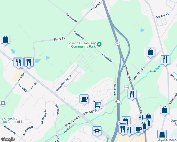 map of restaurants, bars, coffee shops, grocery stores, and more near 3880 Cephas Child Road in Doylestown