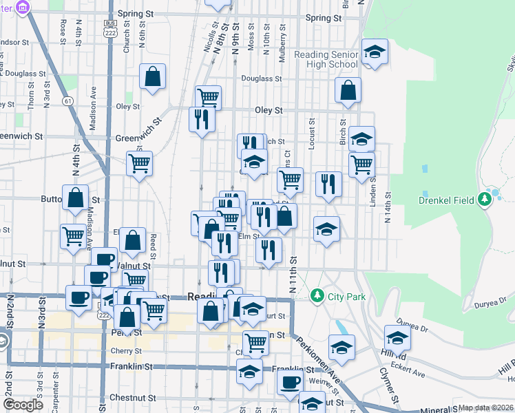map of restaurants, bars, coffee shops, grocery stores, and more near 344 North 10th Street in Reading