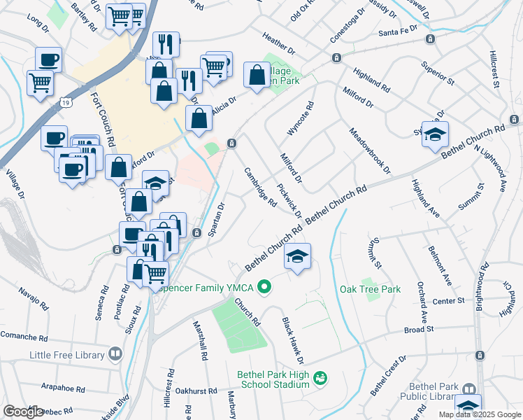 map of restaurants, bars, coffee shops, grocery stores, and more near 1073 Glen Oak Drive in Bethel Park