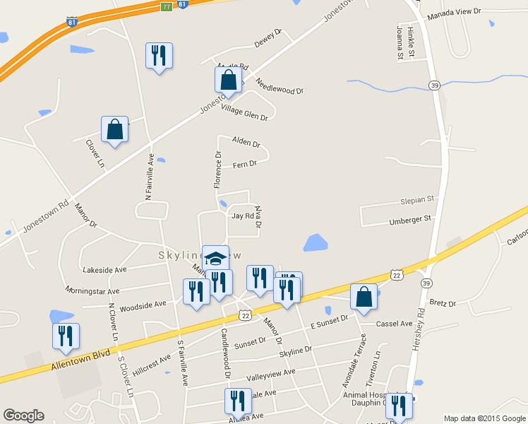 map of restaurants, bars, coffee shops, grocery stores, and more near 157 Alva Drive in Harrisburg