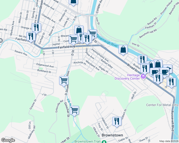 map of restaurants, bars, coffee shops, grocery stores, and more near 1301-1321 Tennessee Ave in Johnstown
