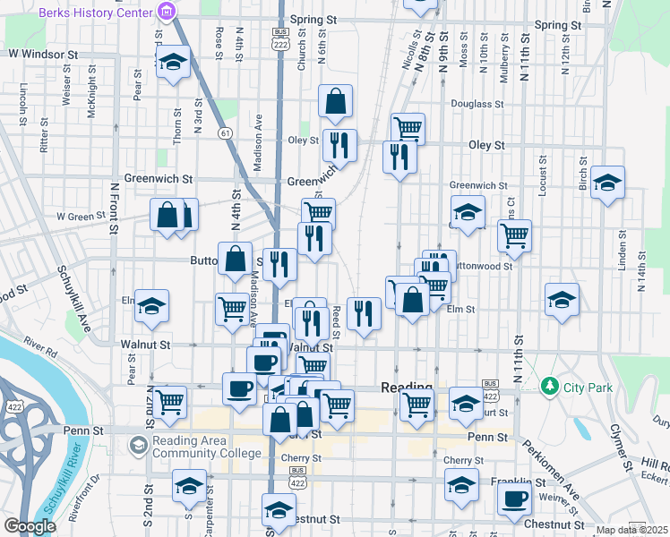 map of restaurants, bars, coffee shops, grocery stores, and more near 333 North 6th Street in Reading