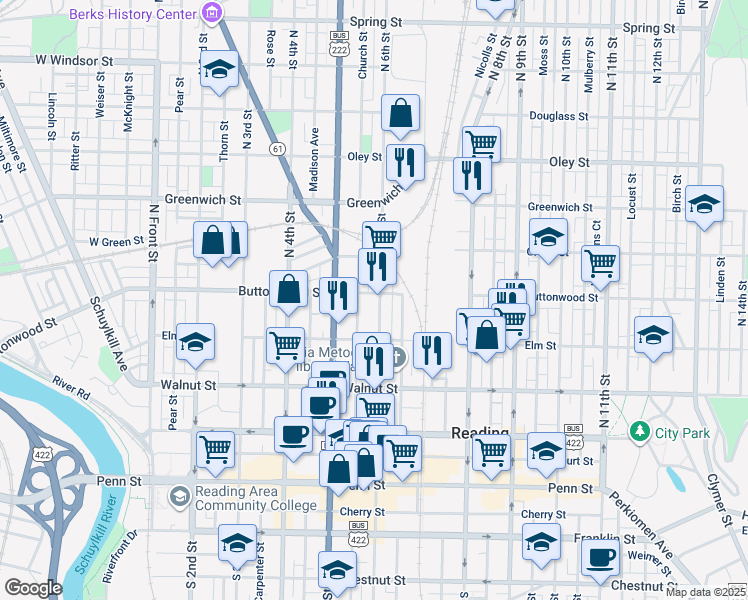 map of restaurants, bars, coffee shops, grocery stores, and more near 333 North 6th Street in Reading