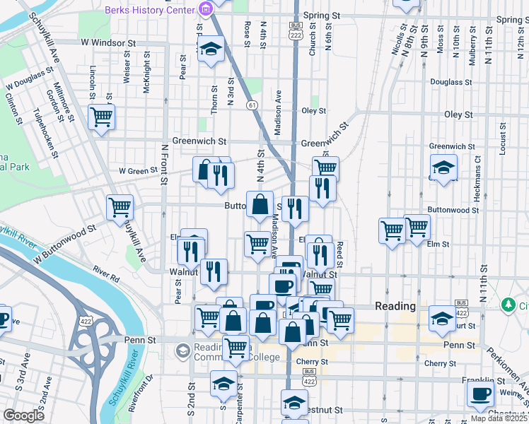 map of restaurants, bars, coffee shops, grocery stores, and more near 336 North 4th Street in Reading