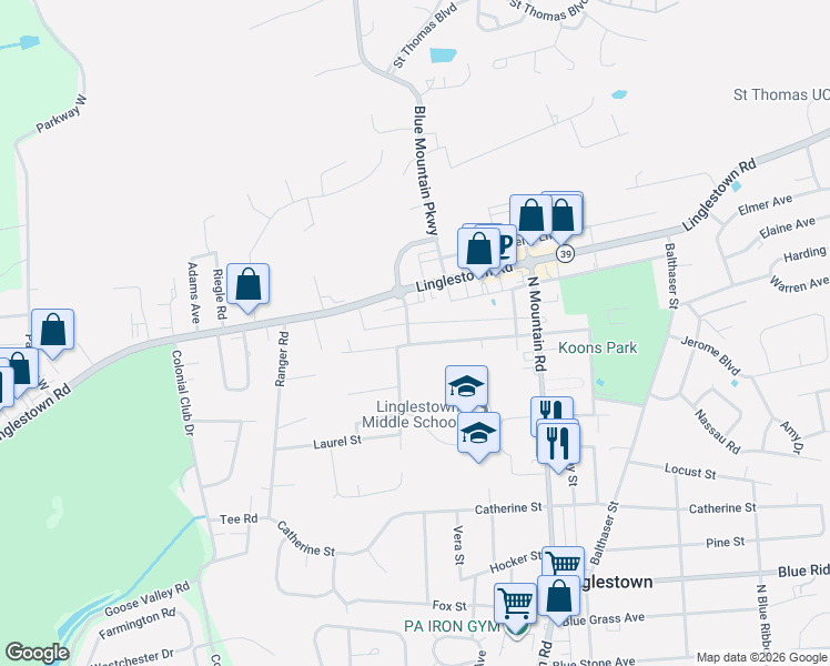 map of restaurants, bars, coffee shops, grocery stores, and more near 5894 Larue Street in Harrisburg