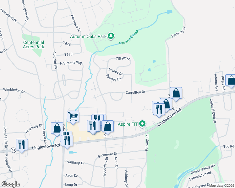map of restaurants, bars, coffee shops, grocery stores, and more near 2407 Glendore Drive in Harrisburg