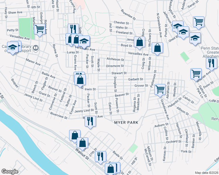 map of restaurants, bars, coffee shops, grocery stores, and more near 2719 Palmgreen Street in McKeesport