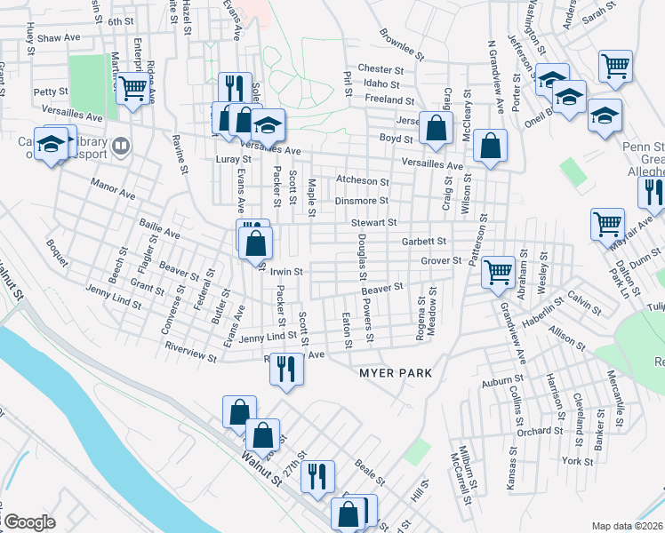 map of restaurants, bars, coffee shops, grocery stores, and more near 2719 Palmgreen Street in McKeesport
