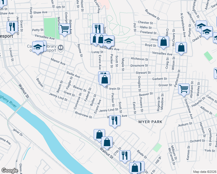map of restaurants, bars, coffee shops, grocery stores, and more near 2406 Irwin Street in McKeesport