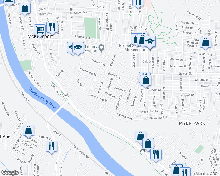 map of restaurants, bars, coffee shops, grocery stores, and more near 1815 Flagler Street in McKeesport