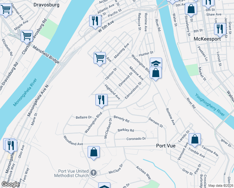 map of restaurants, bars, coffee shops, grocery stores, and more near 1010 Highland Avenue in McKeesport