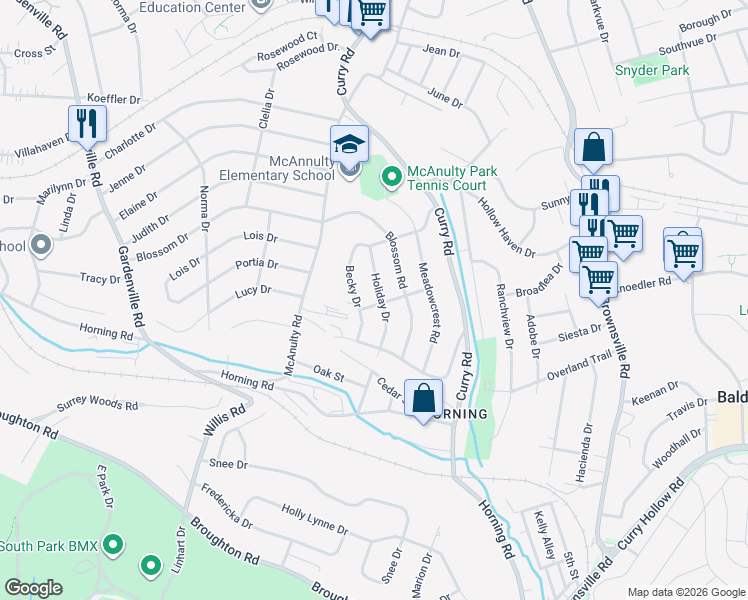 map of restaurants, bars, coffee shops, grocery stores, and more near 5303 Becky Drive in Pittsburgh