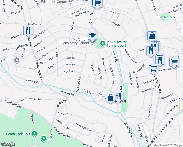 map of restaurants, bars, coffee shops, grocery stores, and more near 5274 Becky Drive in Pittsburgh