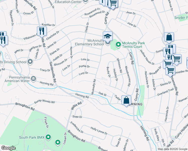 map of restaurants, bars, coffee shops, grocery stores, and more near 5315 McAnulty Road in Pittsburgh