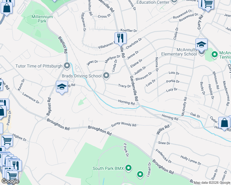 map of restaurants, bars, coffee shops, grocery stores, and more near 5643 Sandra Drive in Pittsburgh
