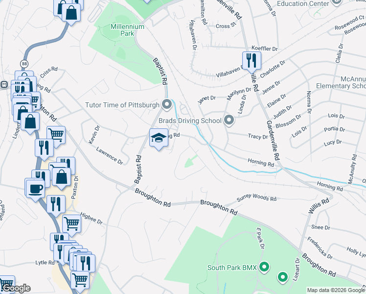 map of restaurants, bars, coffee shops, grocery stores, and more near 7015 Dumbarton Place in Bethel Park
