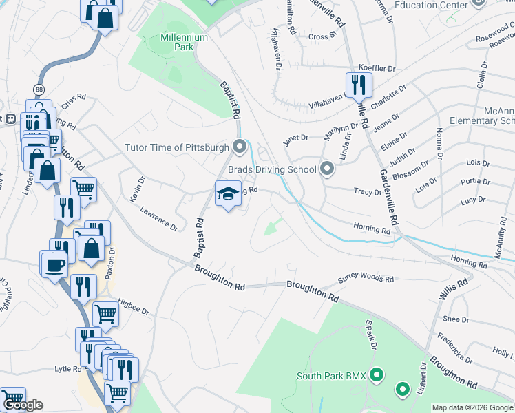 map of restaurants, bars, coffee shops, grocery stores, and more near 7015 Dumbarton Place in Bethel Park