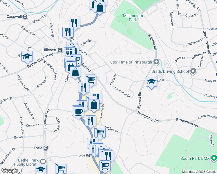 map of restaurants, bars, coffee shops, grocery stores, and more near 318 Broughton Road in Bethel Park