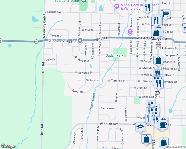 map of restaurants, bars, coffee shops, grocery stores, and more near 801-899 Victory Lane in Maryville