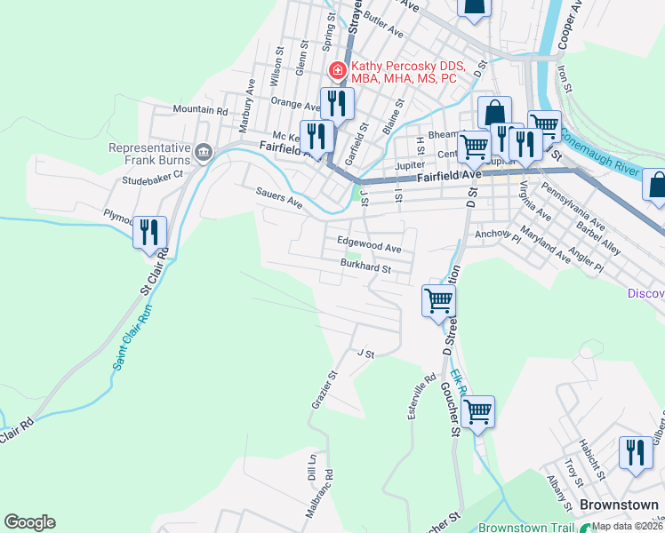 map of restaurants, bars, coffee shops, grocery stores, and more near 397 Chester Street in Johnstown