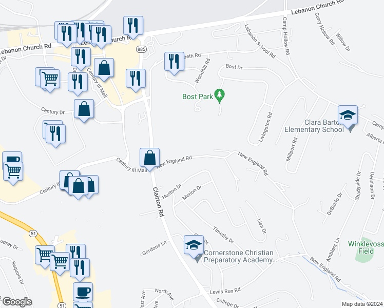 map of restaurants, bars, coffee shops, grocery stores, and more near 3310 New England Road in West Mifflin