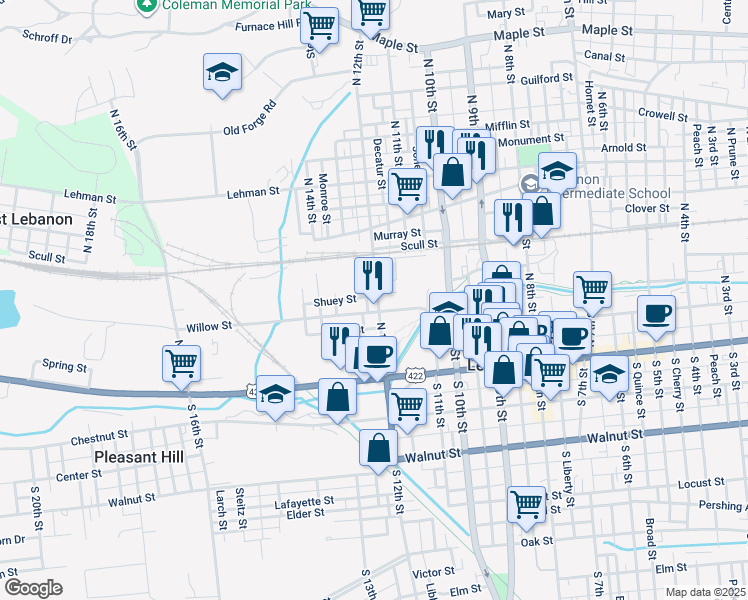 map of restaurants, bars, coffee shops, grocery stores, and more near 111 North 12th Street in Lebanon