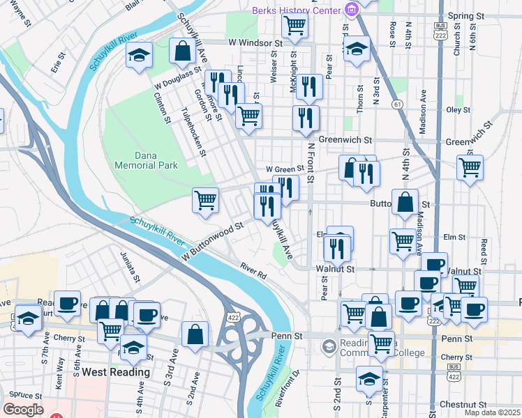 map of restaurants, bars, coffee shops, grocery stores, and more near 233 West Buttonwood Street in Reading