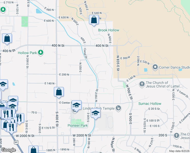 map of restaurants, bars, coffee shops, grocery stores, and more near 133 Canal Drive in Lindon