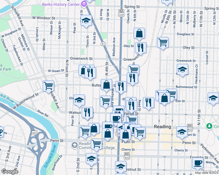 map of restaurants, bars, coffee shops, grocery stores, and more near 347R North 4th Street in Reading