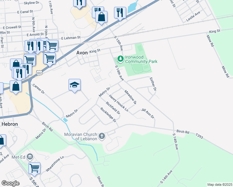 map of restaurants, bars, coffee shops, grocery stores, and more near 1360 Fairview Lane in Lebanon