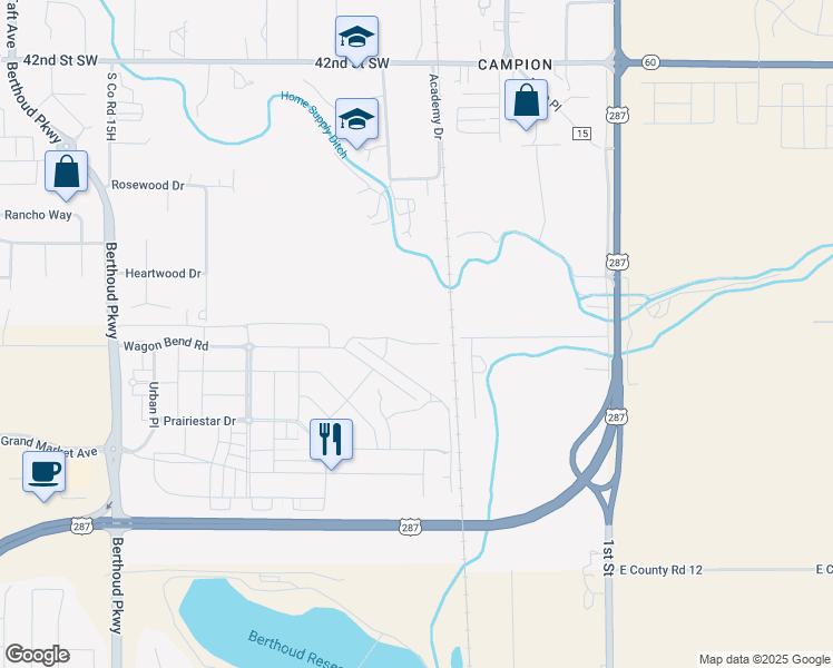 map of restaurants, bars, coffee shops, grocery stores, and more near 512 Wagon Bend Road in Berthoud