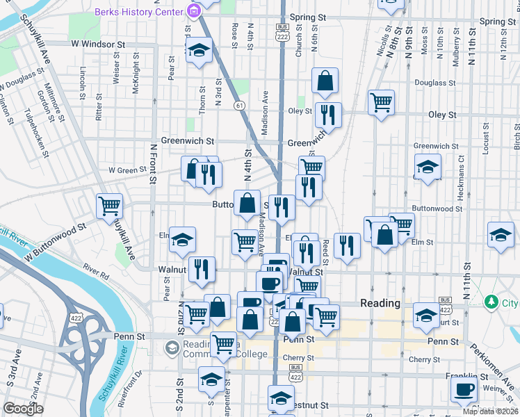 map of restaurants, bars, coffee shops, grocery stores, and more near 338 Madison Avenue in Reading