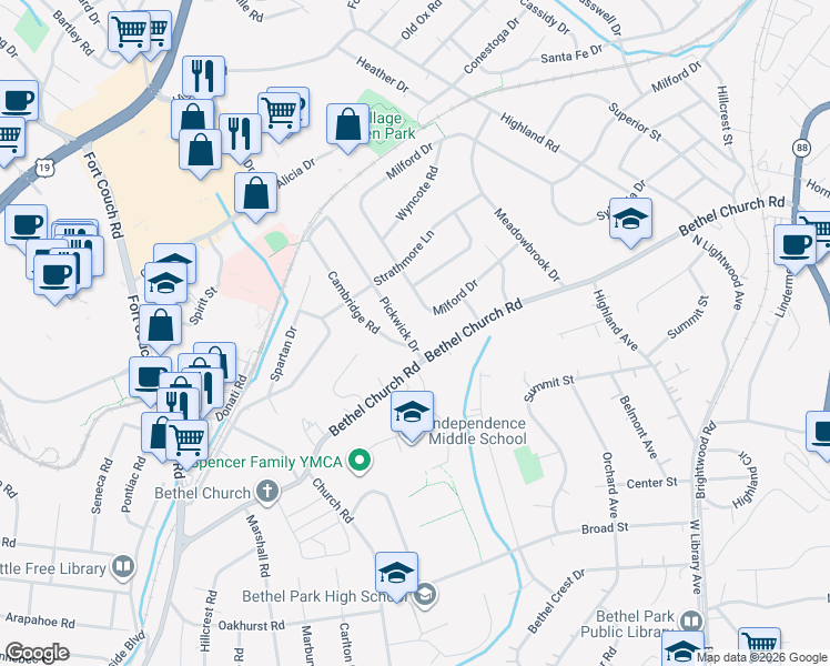 map of restaurants, bars, coffee shops, grocery stores, and more near 2748 Bethel Church Road in Bethel Park