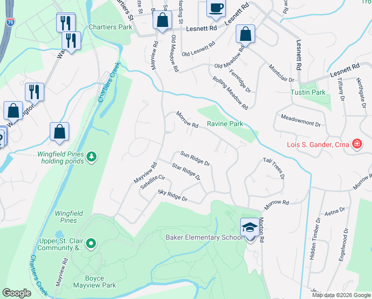 map of restaurants, bars, coffee shops, grocery stores, and more near 1257 Sun Ridge Drive in Pittsburgh