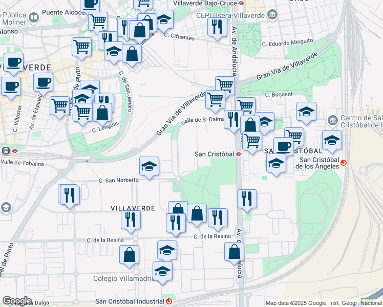 map of restaurants, bars, coffee shops, grocery stores, and more near 20 Calle San Norberto in Madrid