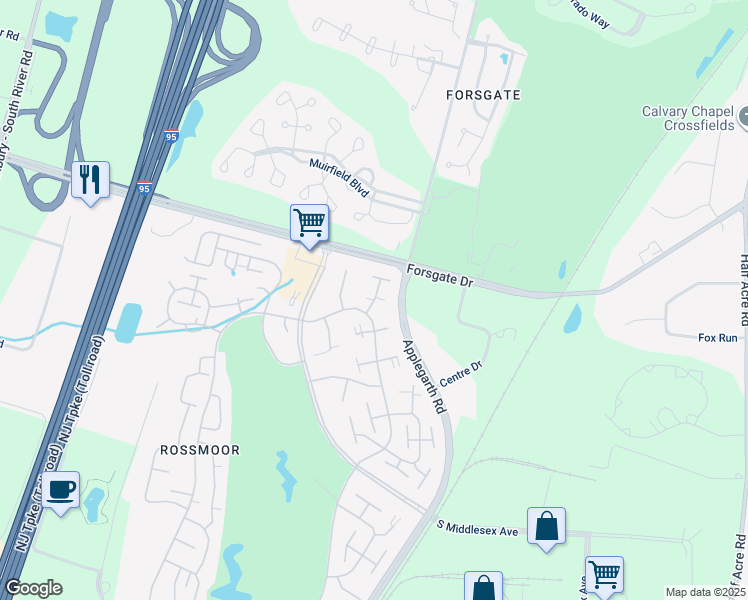 map of restaurants, bars, coffee shops, grocery stores, and more near 38 Concord Lane in Monroe Township