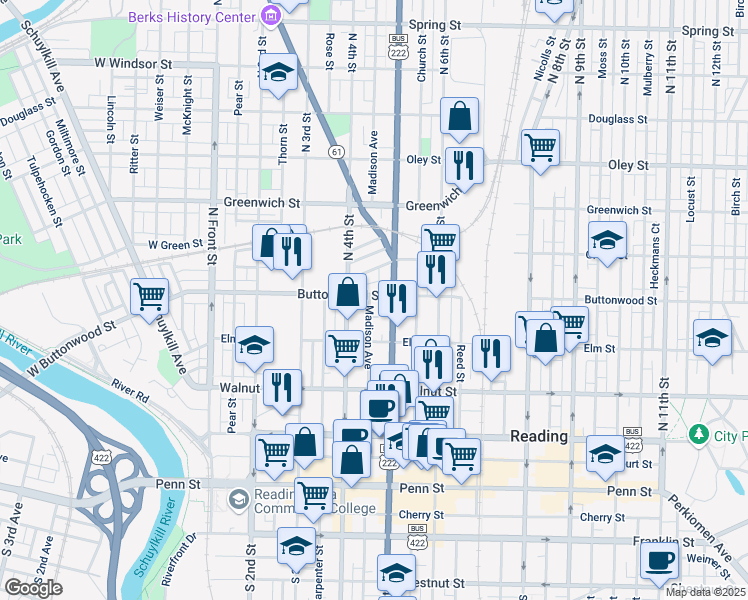 map of restaurants, bars, coffee shops, grocery stores, and more near 338 Madison Avenue in Reading