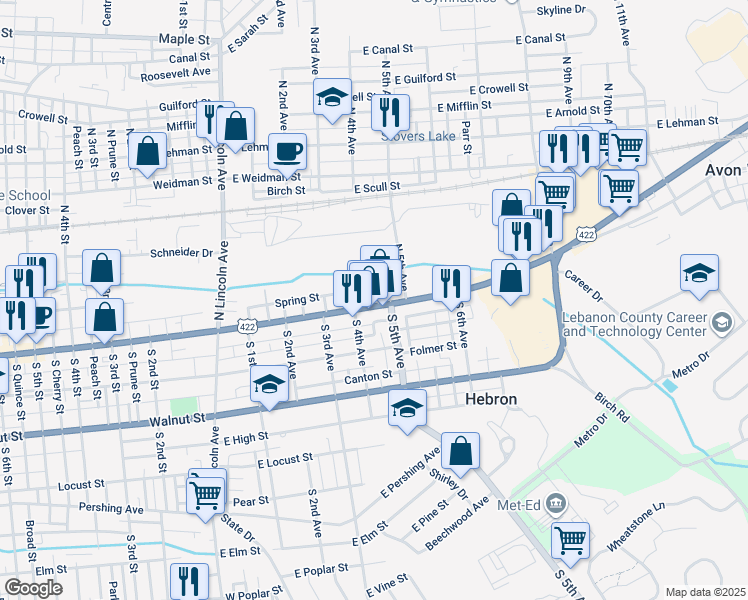 map of restaurants, bars, coffee shops, grocery stores, and more near 400 East Cumberland Street in Lebanon