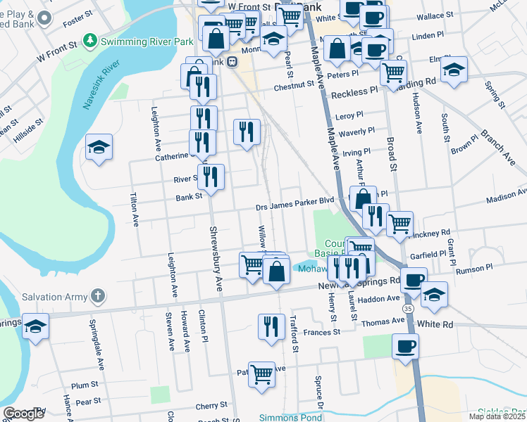 map of restaurants, bars, coffee shops, grocery stores, and more near 101 Drs James Parker Boulvard in Red Bank