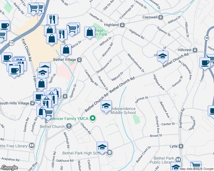 map of restaurants, bars, coffee shops, grocery stores, and more near 2748 Bethel Church Road in Bethel Park