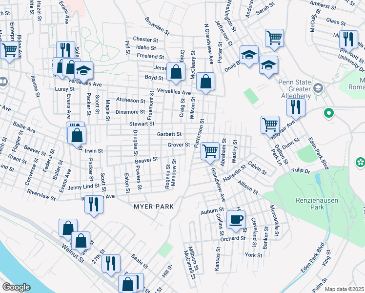 map of restaurants, bars, coffee shops, grocery stores, and more near 3218 Grover Street in McKeesport