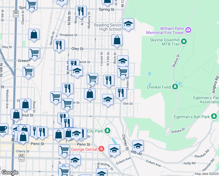 map of restaurants, bars, coffee shops, grocery stores, and more near 353 North 12th Street in Reading