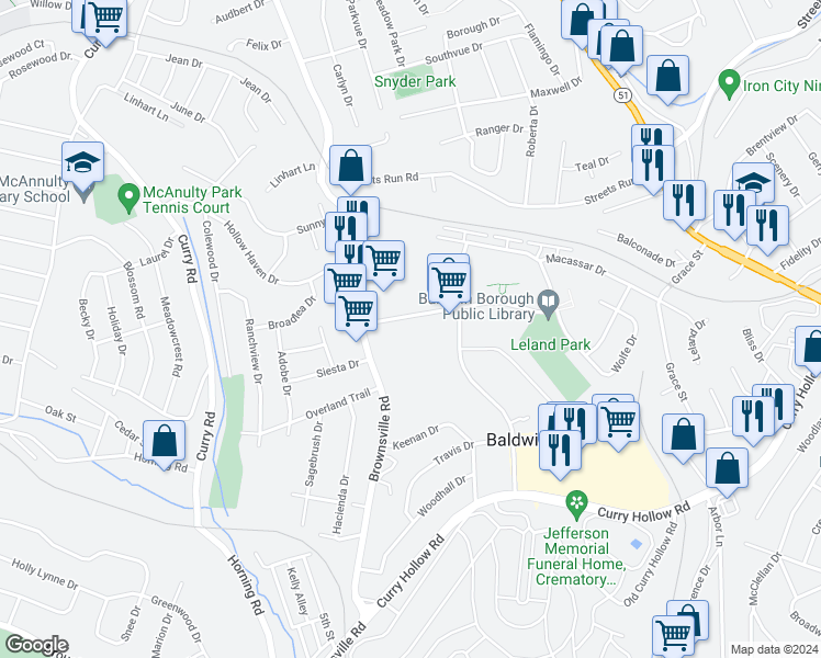 map of restaurants, bars, coffee shops, grocery stores, and more near 100 Knoedler Road in Pittsburgh