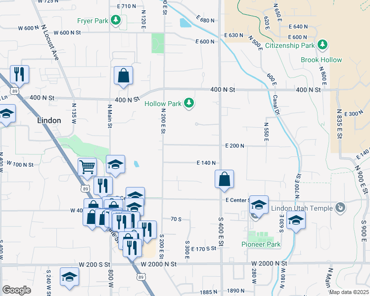 map of restaurants, bars, coffee shops, grocery stores, and more near 276 East 200 North in Lindon