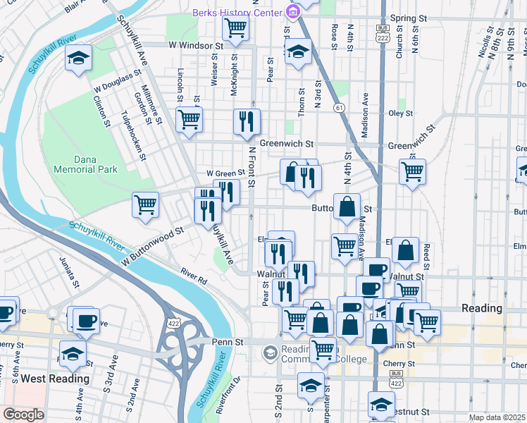map of restaurants, bars, coffee shops, grocery stores, and more near 339 Pear Street in Reading