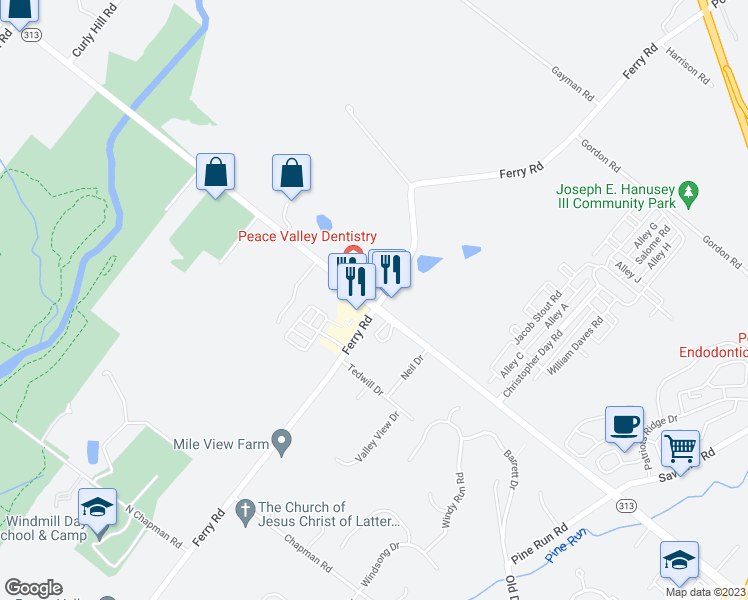 map of restaurants, bars, coffee shops, grocery stores, and more near 3617 Ferry Road in Fountainville